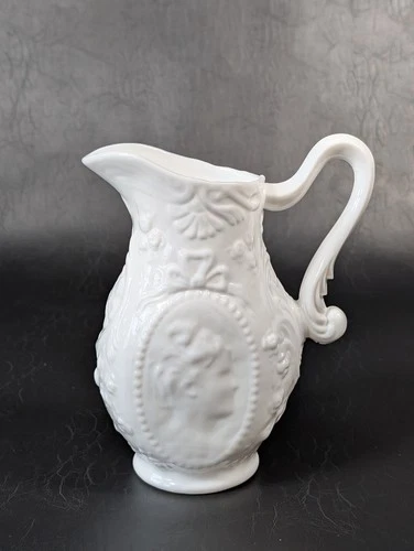 Vintage Fostoria Milk Glass Jenny Lind Pitcher Mid Century Embossed Details