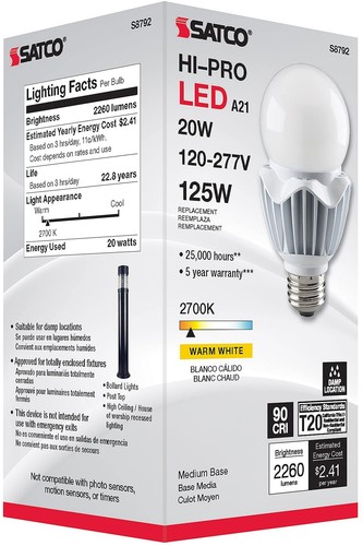 Satco S8792 20W LED A21 Light Bulb, 2700K, Medium Base, Warm White Light - Picture 9 of 9