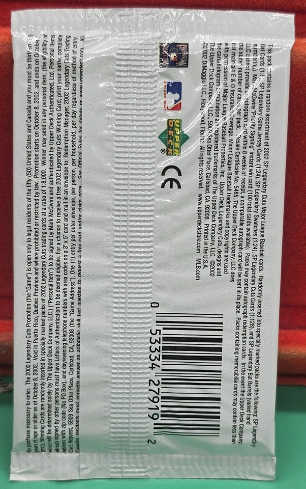2002 Upper Deck SP Legendary Cuts Baseball 1 Pack Sealed Unopened Pack 4 Cards  - Image 2 of 3