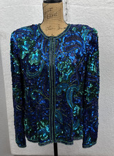 Vintage Laurence Kazar Black Blue Green Beaded Sequin Silk Jacket Womens PL  