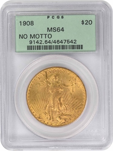 1908 $20 Gold St. Gaudens No Motto MS64 PCGS