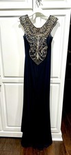 Tony Bowls Gown W/ Black and Gold Rhinestones cap sleeve Embellished Slit