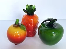 Vintage Murano Style Art Glass Fruit SET OF 3 Green Apple Peach Pineapple