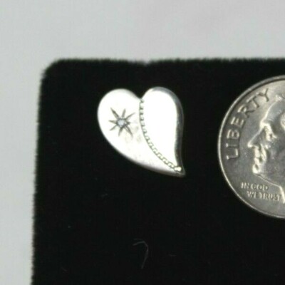 Etched Heart Earrings w/ Real Diamond Sterling Silver 925 Studs #J