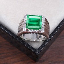 Lab Grown Emerald Gemstone with 925 Sterling Silver Ring for Men's 5694