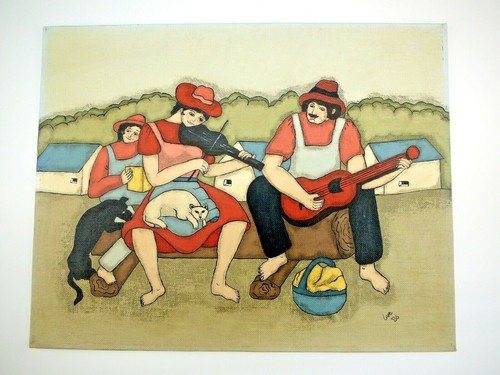 VTG Outsider CAT 1980s PAINTING Folk ART Americana Signed CUE Instruments Fiddle - Picture 2 of 7