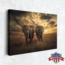 Twilight March of the Elephants Wall Art, Canvas Print Poster for Home Decor