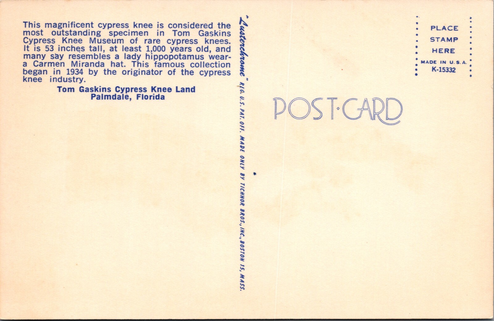 Tom Gaskins Cypress Knee Land Palmdale Florida museum postcard B393