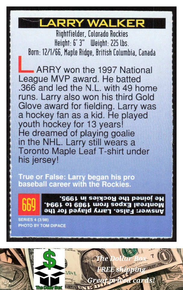 1998 Sports Illustrated for Kids #669 Larry Walker - Colorado Rockies - Image 2 of 2