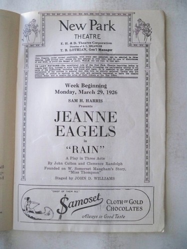 Rain Playbill JEANNE EAGELS / ROBERT KELLY / RAPLEY HOLMES Tour BOSTON 1926 - Foto 2 di 2
