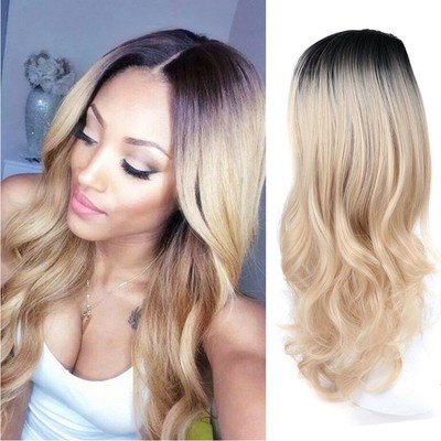 31 Inch Long Wavy Hair Full Wig Black Root Blonde Ombre Wigs Wave