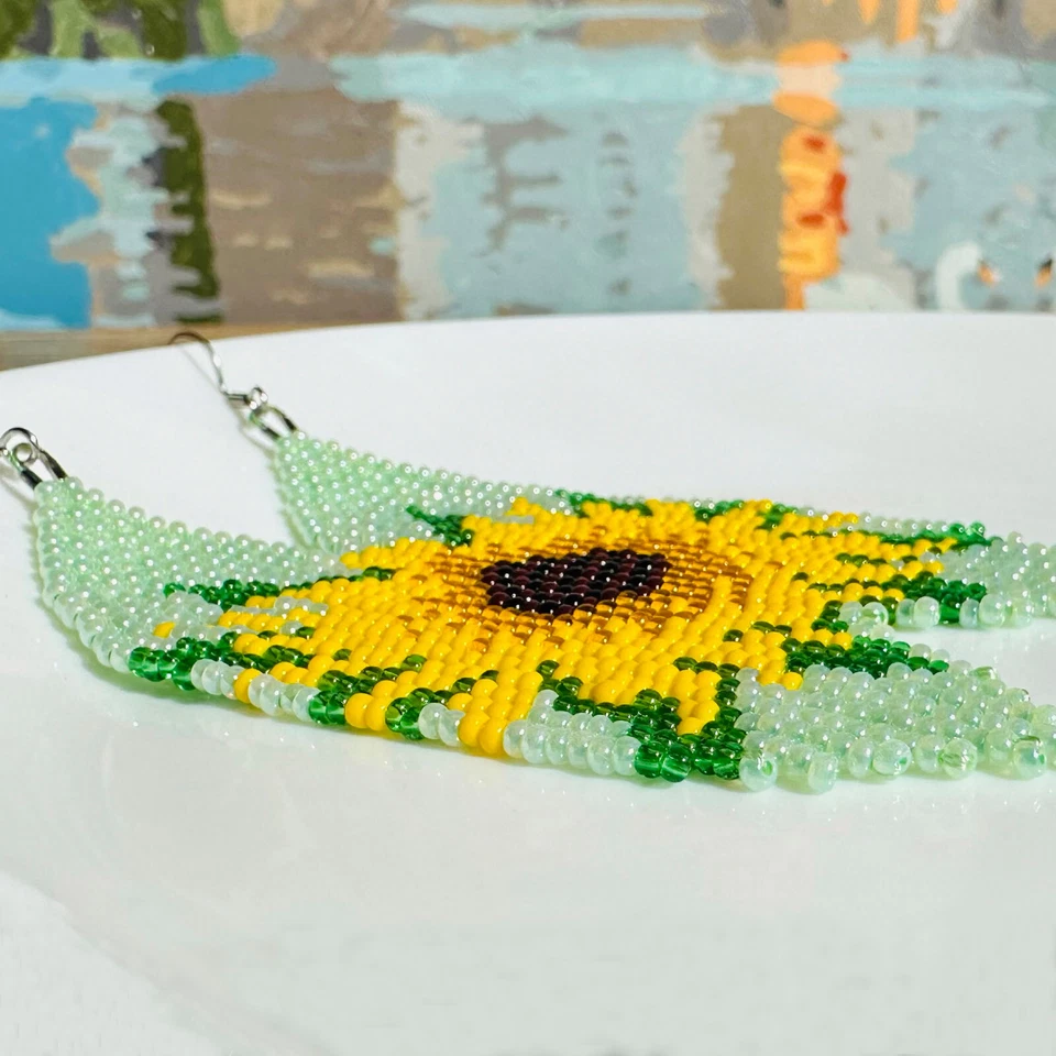 Pendientes de cuentas de girasol con flecos, coloridos pendientes de cuentas de semillas bohemias Foto 4 de 4