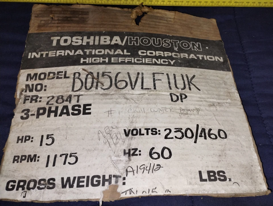 15HP TOSHIBA 3-PHASE INDUCTION MOTOR B0156VLF1UK 208/230/460V 60Hz 1175 RPM 284T - Image 3 of 4