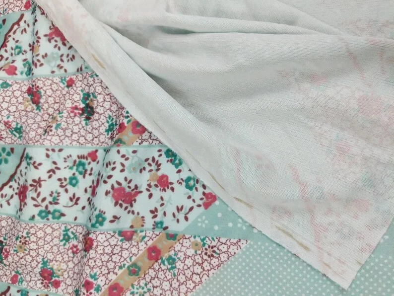 Vintage 80's Stretch Knit Fabric Thin Mint Green Floral 2 Yards Patchwork Print - Image 4 of 4