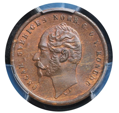 1858, Sweden, Oscar I. Beautiful Bronze 1 Öre Coin. Top Pop! PCGS MS-64 BN!