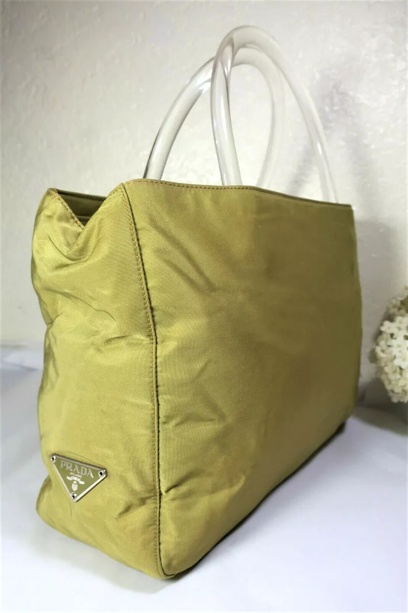 PRADA Green Nylon Lucite Clear Handles Small Tote Hand Bag