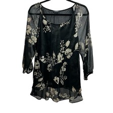 Haver London Black Cream Gold Floral Sheer Balloon Sleeve Blouse Women's Size S