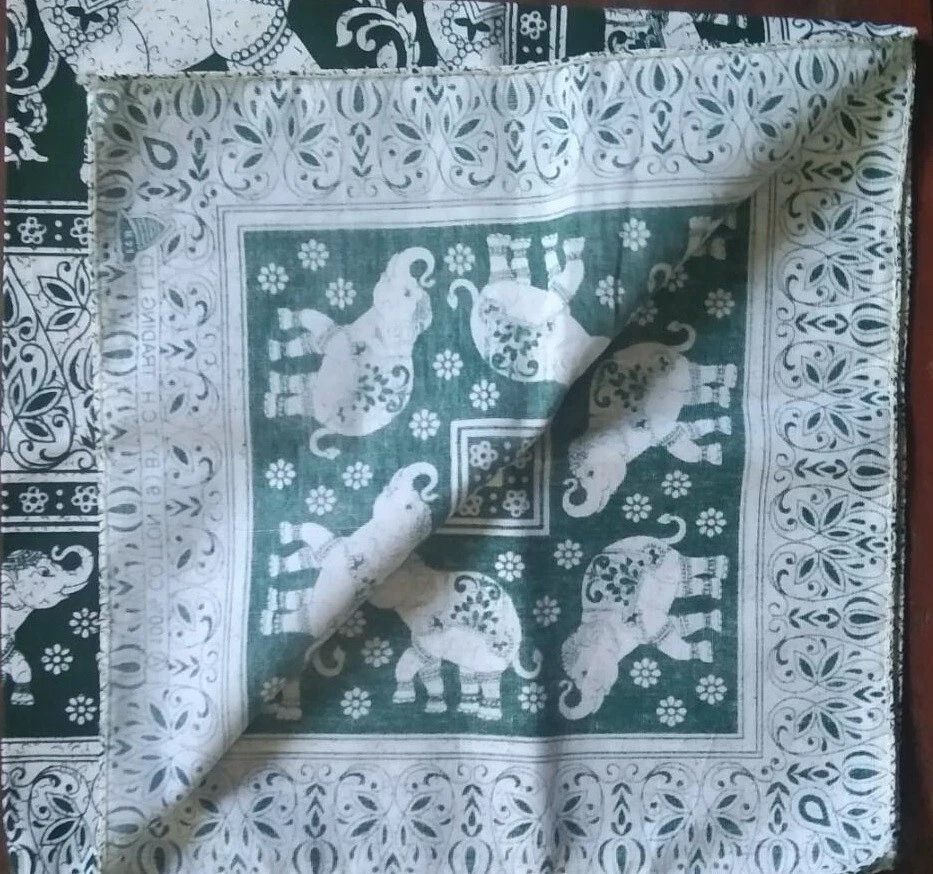 PAÑUELO USADO VINTAGE PATRÓN ELEFANTE ALGODÓN 20" PAÑUELO PAÑUELO BOLSILLO CUADRADO Foto 4 de 4
