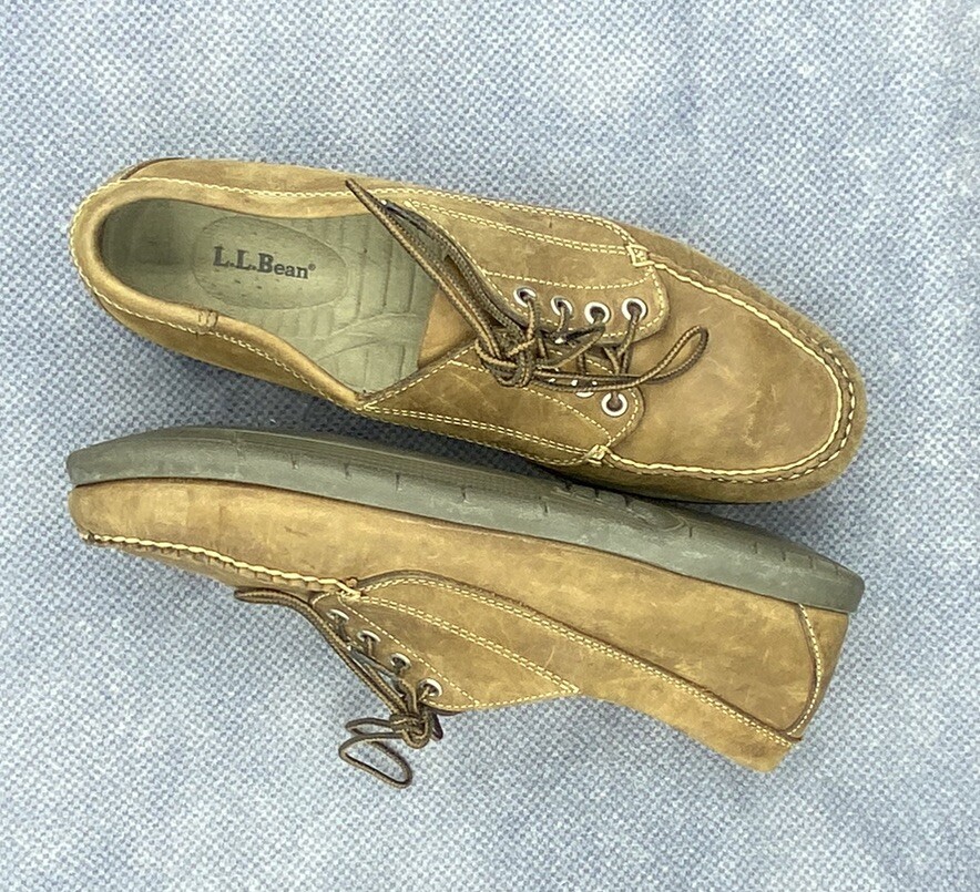 Men 10.5 D LL Bean Camp Moc Handsewn Moccasin Boat Shoes Brown Leather