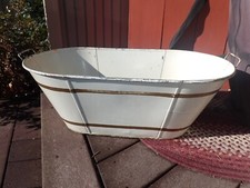 Vintage enamel wash tub baby bath White with gold accent handles 27"long x 14" w