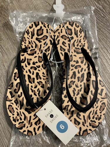 SHADE & SHORE Flip Flop Size 6 Womens Skinny Strap Beach Sandals Leopard New  - Afbeelding 2 van 11