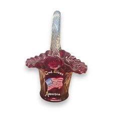 Fenton Red God Bless America Basket, Painted by T. Kelley