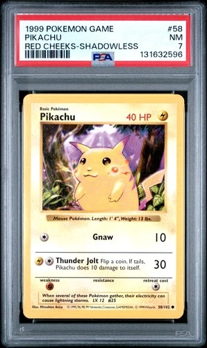 1999 POKEMON GAME RED CHEEKS-SHADOWLESS #58 PIKACHU PSA 7