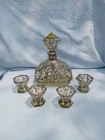 RARE ART DECO HEAVY SILVER OVERLAY YELLOW DECANTER w STOPPER & 4 SHOT GLASSES
