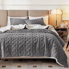 3-Piece Fluffy Faux Fur Sherpa Comforter Set Gray, Queen Size Luxury Tufted B...