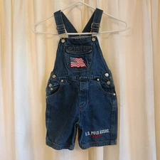 US Polo Assn Baby 4T Dark Blue Jean Short Overalls Front Pocket w American Flag