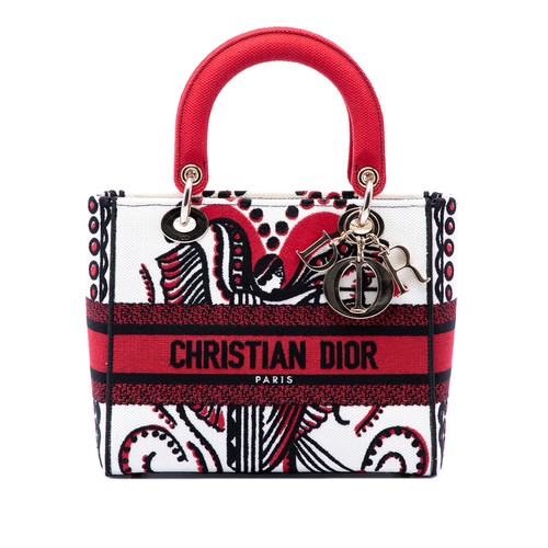Dior Medium Embroidered Canvas Cupidon Lady D Lite Pre-Loved Satchel White