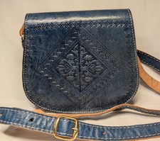 Handmade Moroccan Leather Crossbody Bag Blue Tooled Boho Saddle Bag Ren Faire