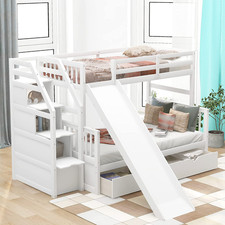 Full over Twin & Twin Bunk Bed with Drawer & Ladder, Triple Bunkbeds Wooden for