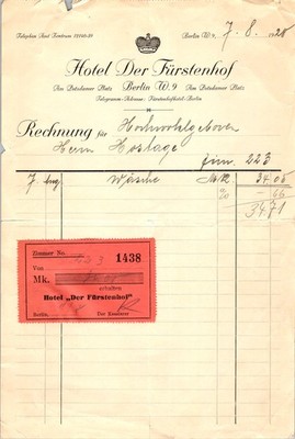Hotel Der Fürstenhof Bill 1928 Berlin W.9 Potsdamer Platz Weimar Era Receipt