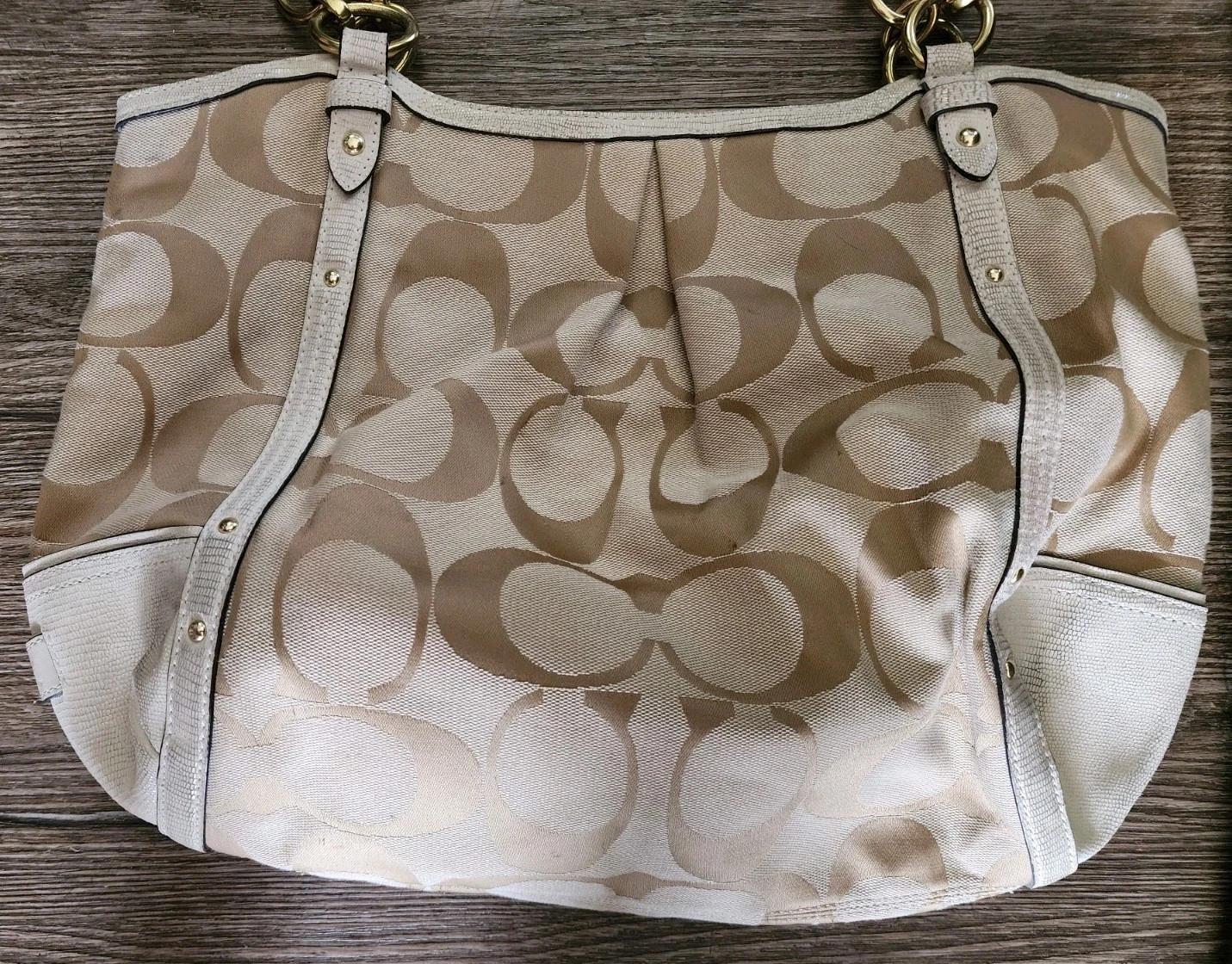 Borsa a tracolla Coach Alexandra beige media firma CC tela con pelle F21919