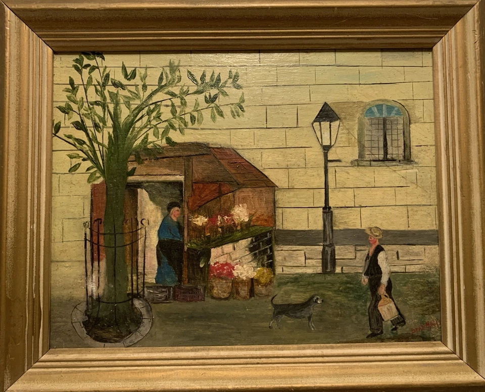 Pintura Original Enmarcada Arte Popular Firmado De Colección PARÍS FLOWER MONGER DOGGIE Foto 3 de 4