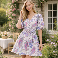 Loft Dress Womens 12 White Purple Paisley Linen Blend Puff Sleeve Coquette Boho