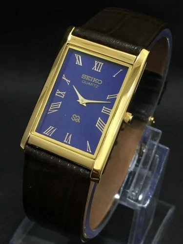 Vintage Seiko Slim Tank Quartz Men Blue Dial Dress Watch-Free DDP Shipping
