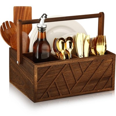 13 Inch Rustic Silverware Caddy with Handle Wooden Flatware Utensil Holder Pa...