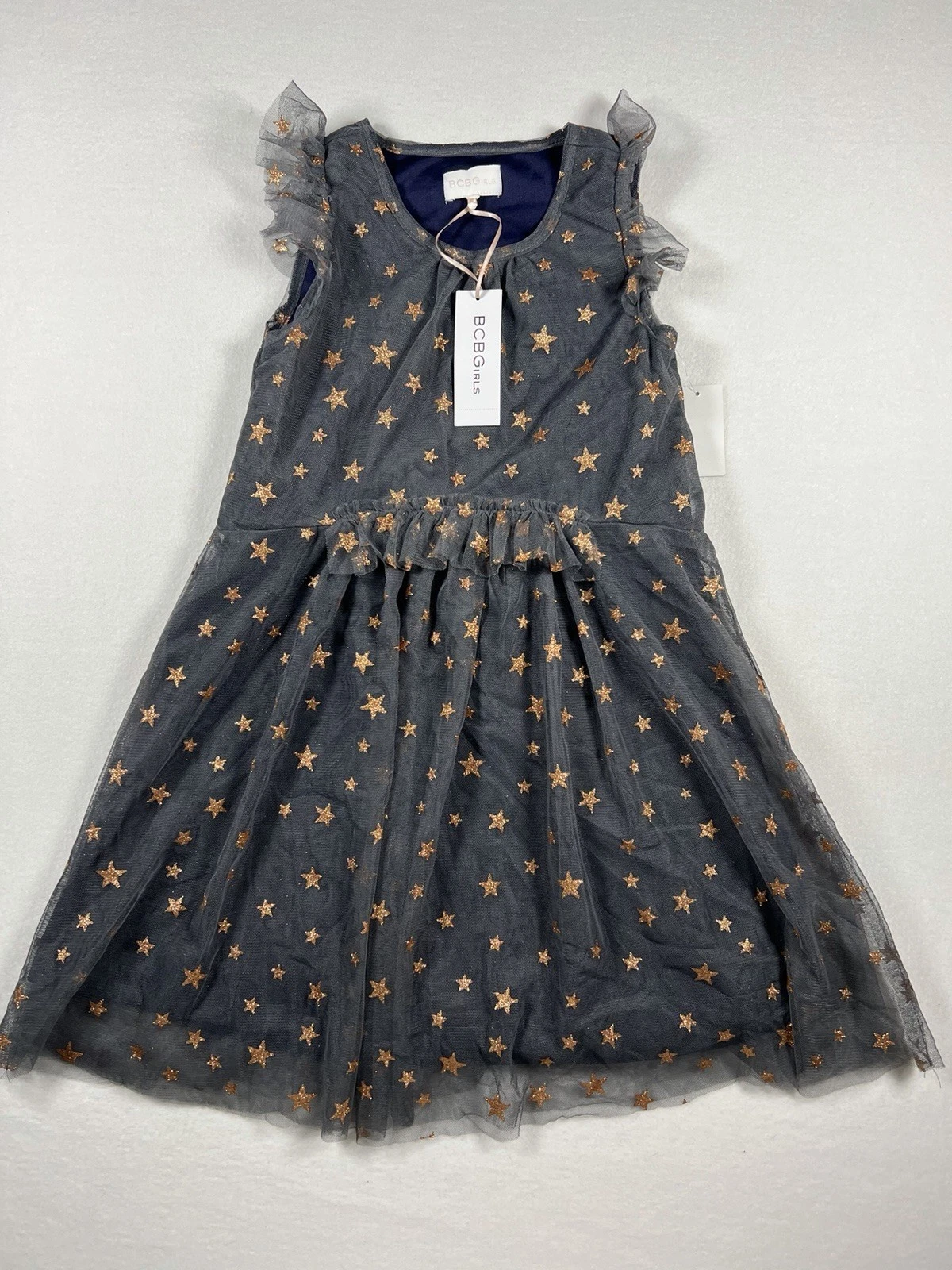 NWT BCBGirls Dark Gray & Gold Star Mesh Sleeveless Dress Girls Size 12