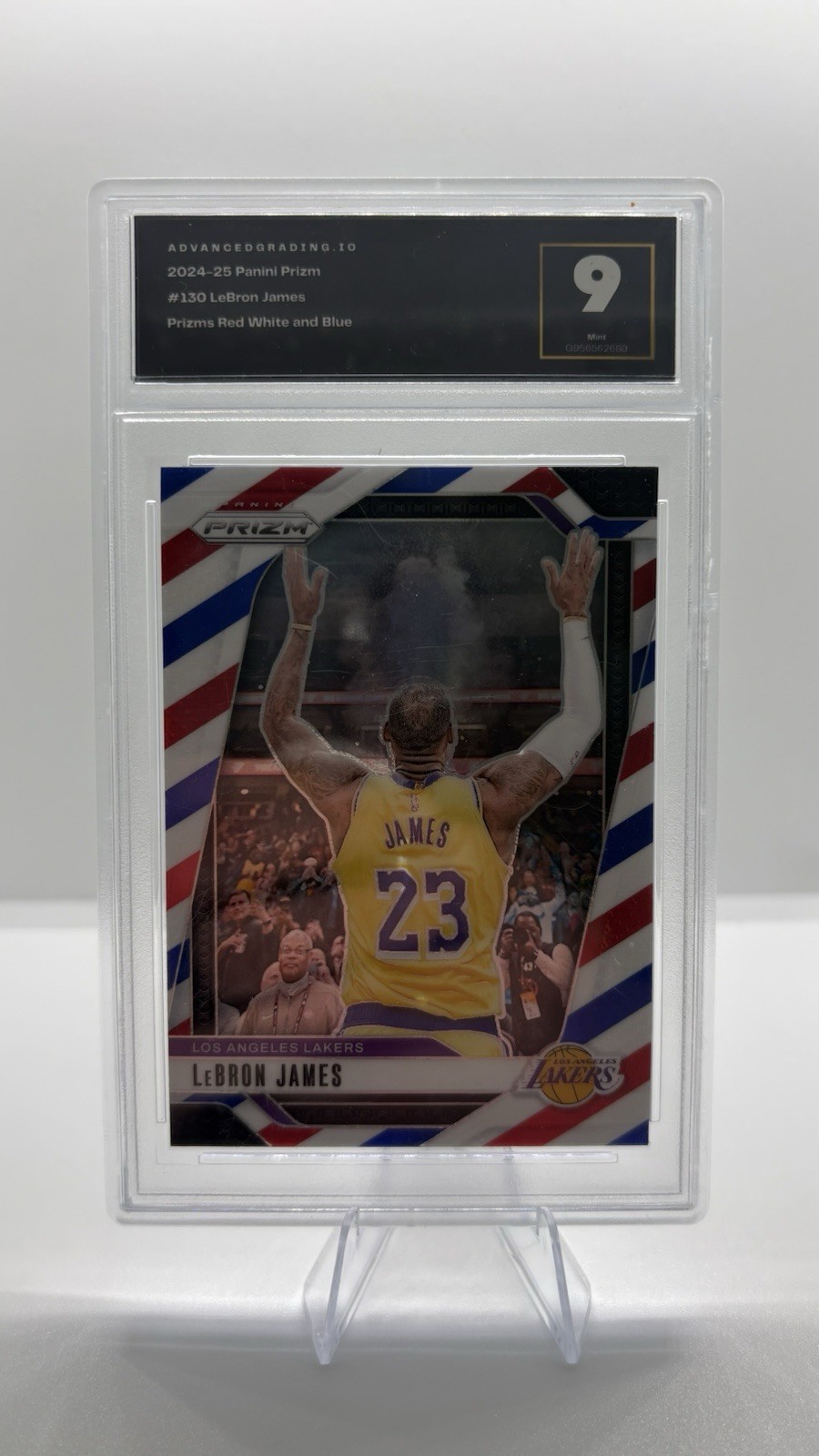 Panini Prizm 2024-25 LeBron James Red White and Blue Prizm #130 Graded 9 Lakers