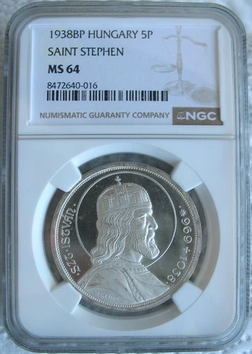 1938 BP Hungary Silver 5 Pengo NGC MS-64 SAINT STEPHEN