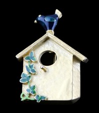 Vintage Brooch Pin Birdhouse Ivy Enamel Blue Bird Perched Nature Gold Tone