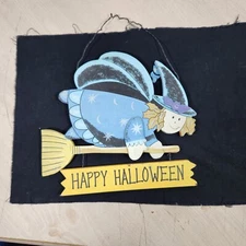 Happy Halloween Witch on Broom Hanging Wood Wall Door Plaque Decor 