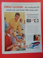 1957 GLEEM the toothpaste for people who can't brush after every meal print ad