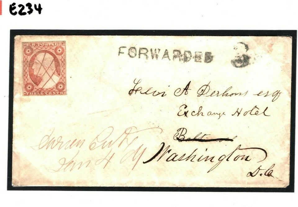 USA CLASSIC 1856 Cover 3c Washington Pen Cancel FORWARDED 3 Exchange Hotel E234 - Image 2 of 4
