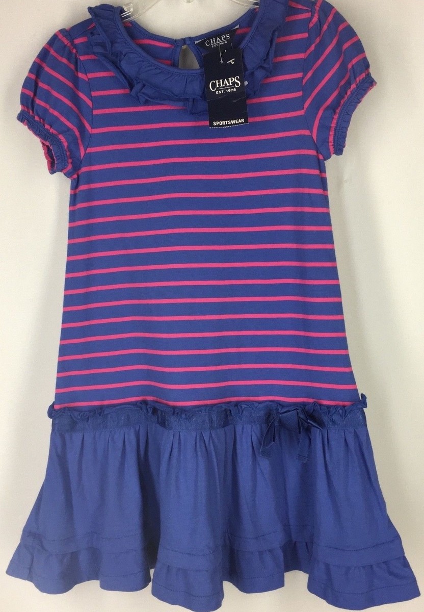 Girl's 5 CHAPS Dress Cotton Knit ROYAL DOCK BLUE PINK Stripe Ruffle Drop Waist