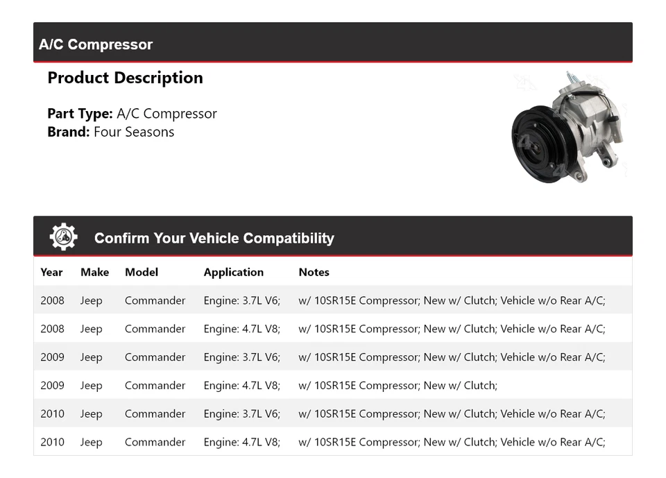 Compresor de aire acondicionado Jeep Commander 2008-2010 4 estaciones 2009 Foto 2 de 4