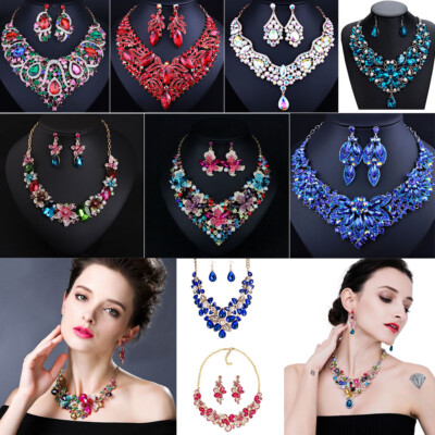 Women Crystal Pendant Choker Chunky Statement Bib Necklace Wedding Bride  Party
