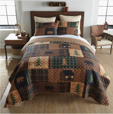 Black Bear Cabin Quilted Bedding 3-Piece Printed Set Lodge Cabin Theme Rustic